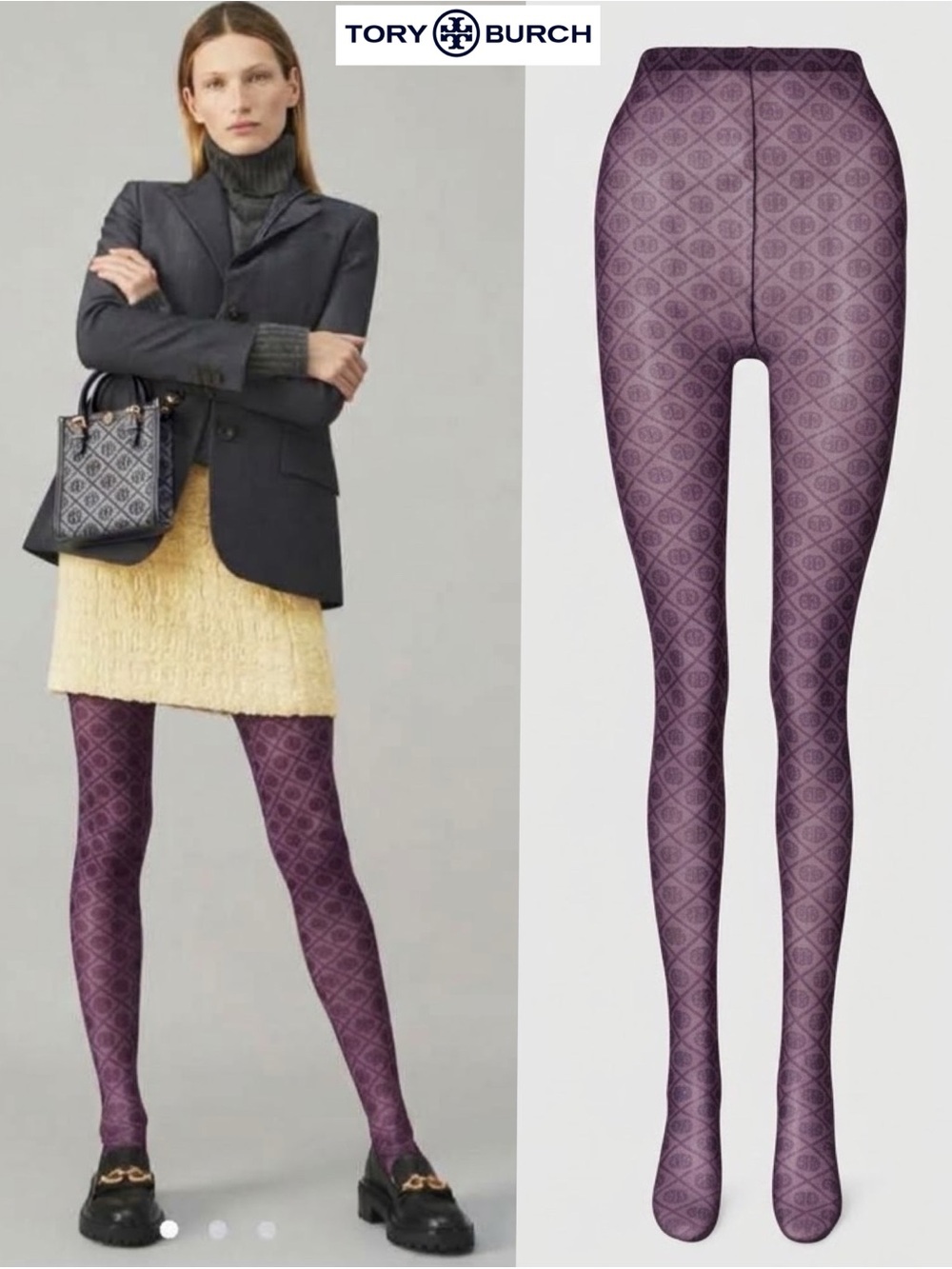 Tory Burch T Monogram Tights 88845 M/L Logo Pattern Designer Hosiery Stockings